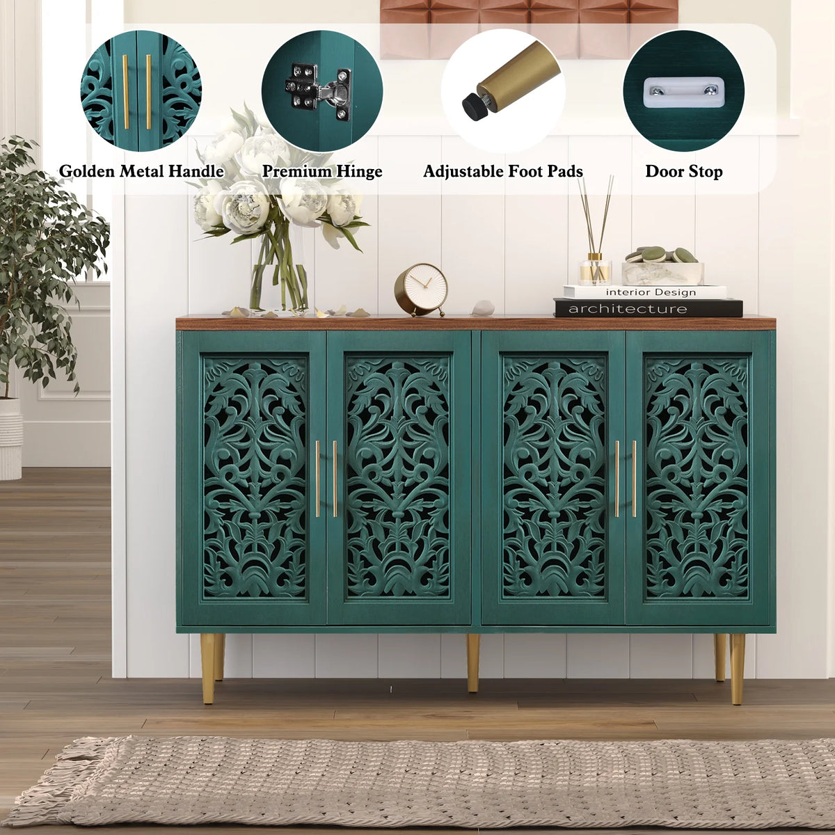 HLR 48" Accent Cabinet with 4 Doors, Vintage Hollow Carving Storage Credenza - Product image 54