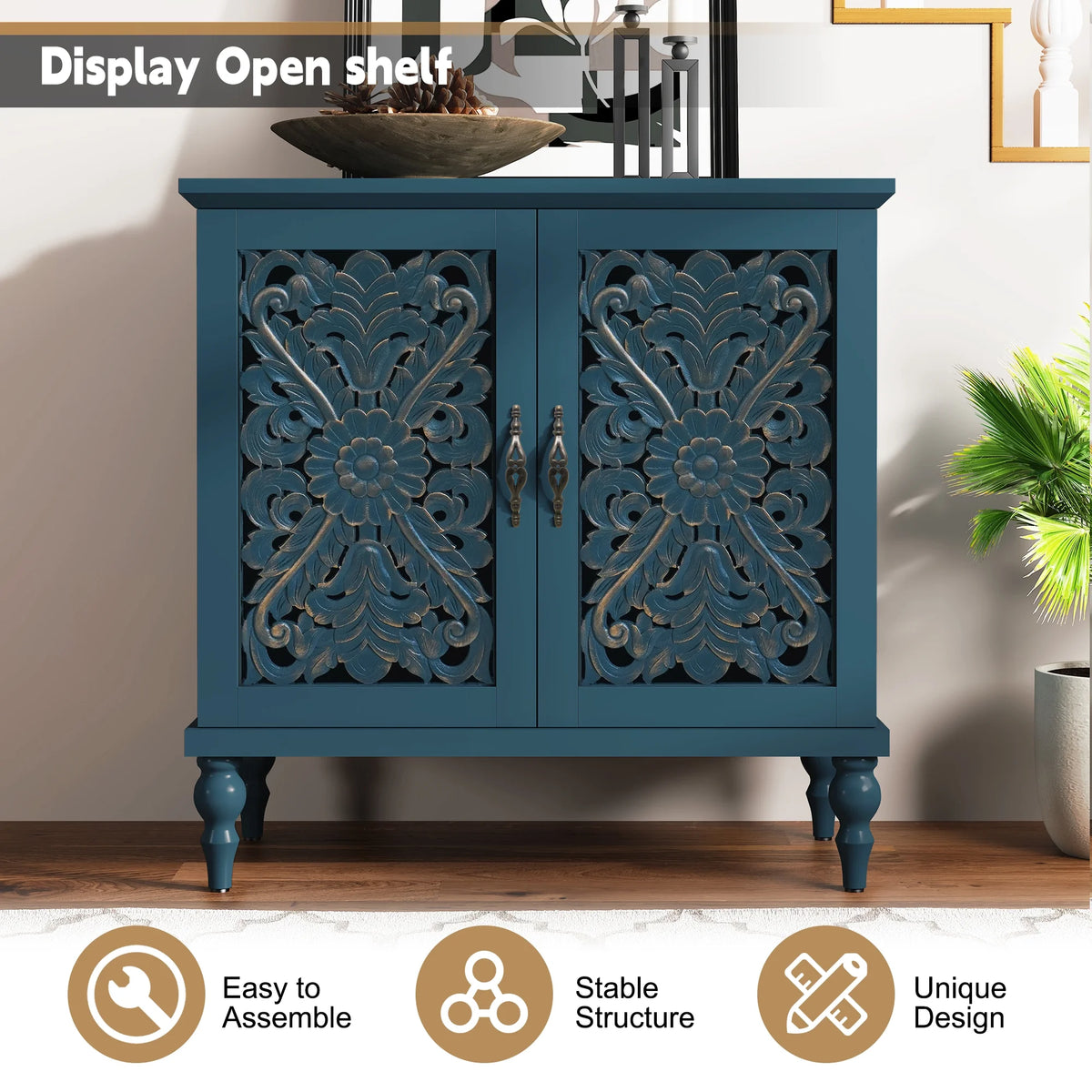 HLR 48" Accent Cabinet with 4 Doors, Vintage Hollow Carving Storage Credenza - Product image 35