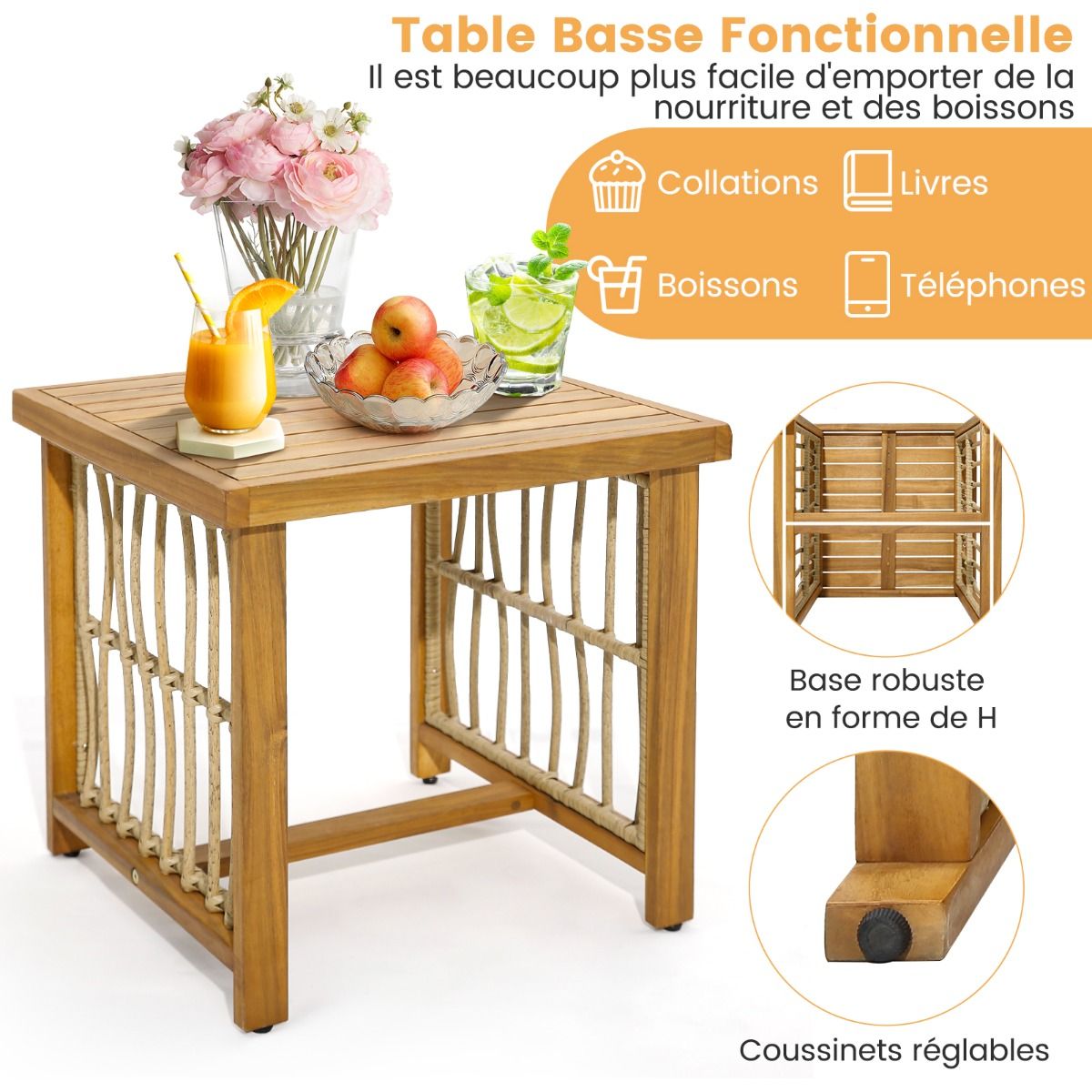 Garden Furniture with 1 Table and 2 Armchairs in Acacia Wood and Anti-UV Rattan Adjustable Feet Cushions with Zip Nautel -
