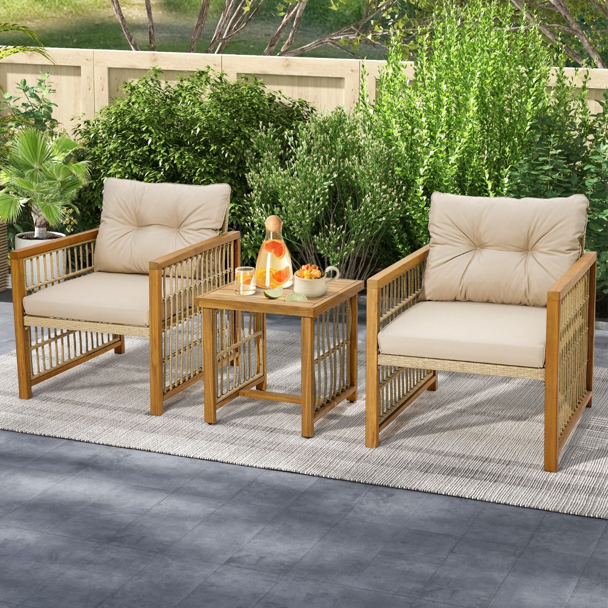 Garden Furniture with 1 Table and 2 Armchairs in Acacia Wood and Anti-UV Rattan Adjustable Feet Cushions with Zip Nautel -