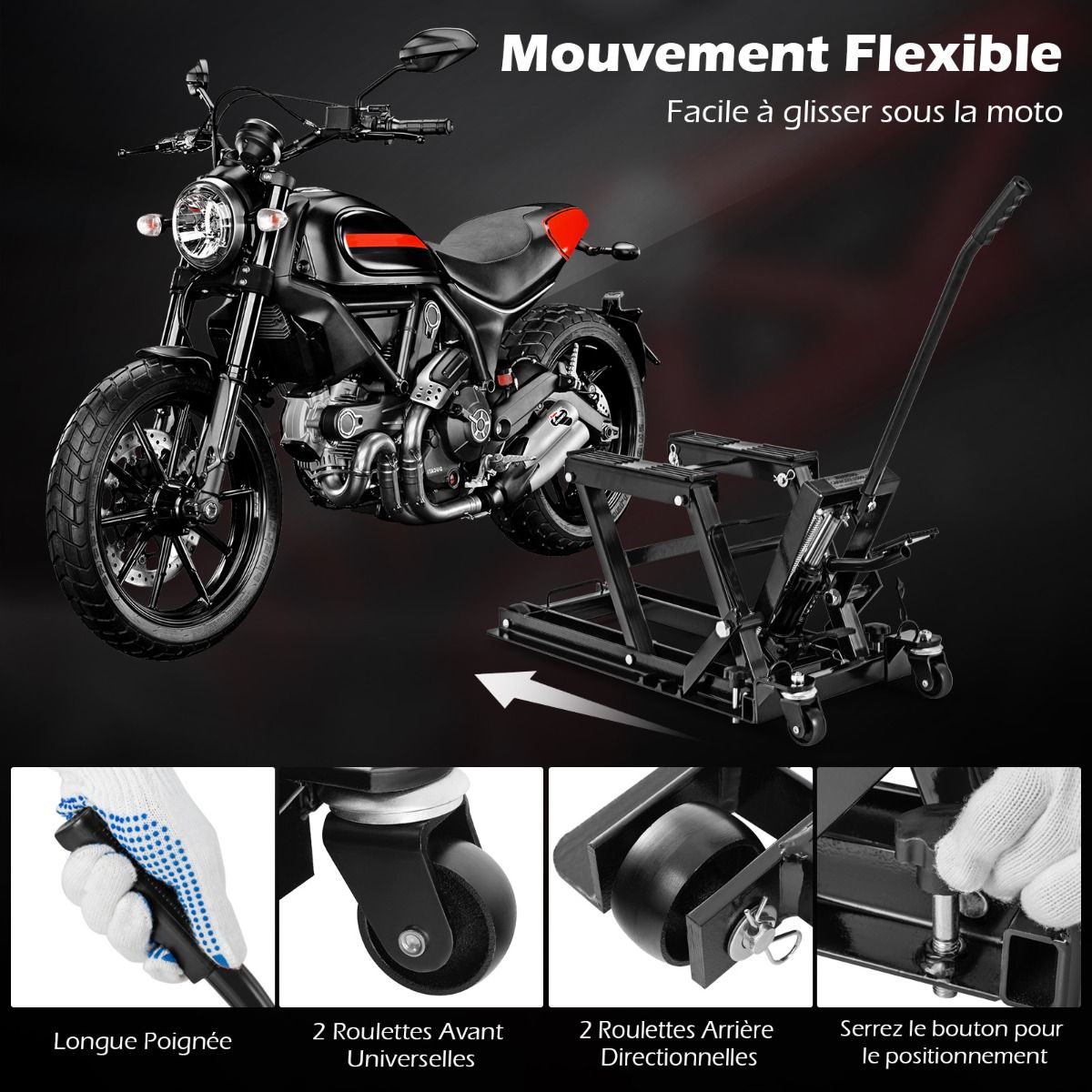 Hydraulic Jack for Motorcycle 680 kg Capacity Motorcycle Lift Table Height Adjustable Platform on 3 Levels Red/Black -
