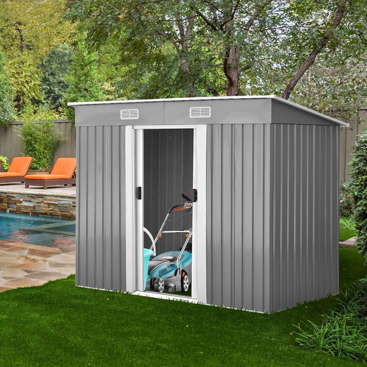 Outdoor Garden Shed in Galvanized Steel with 2 Doors, 4 Air Vents for Storing Tools 238 x 131 x 181CM Grey+White -