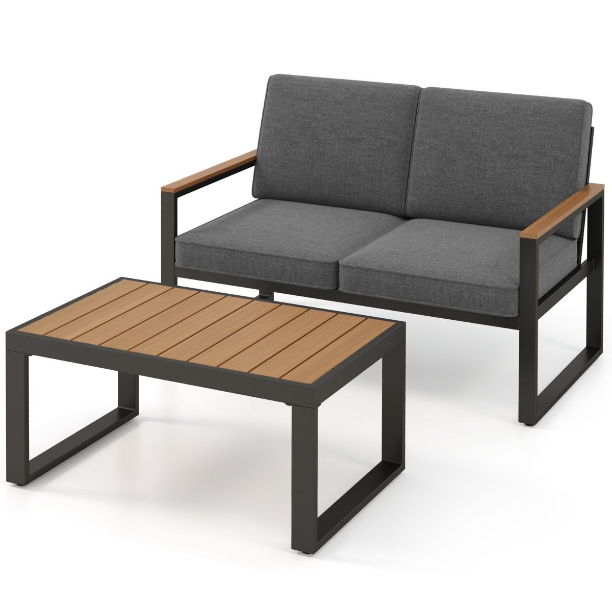 2 Piece Garden Furniture Set with Loveseat Coffee Table Aluminum Outdoor Furniture Set with Gray Armrests -