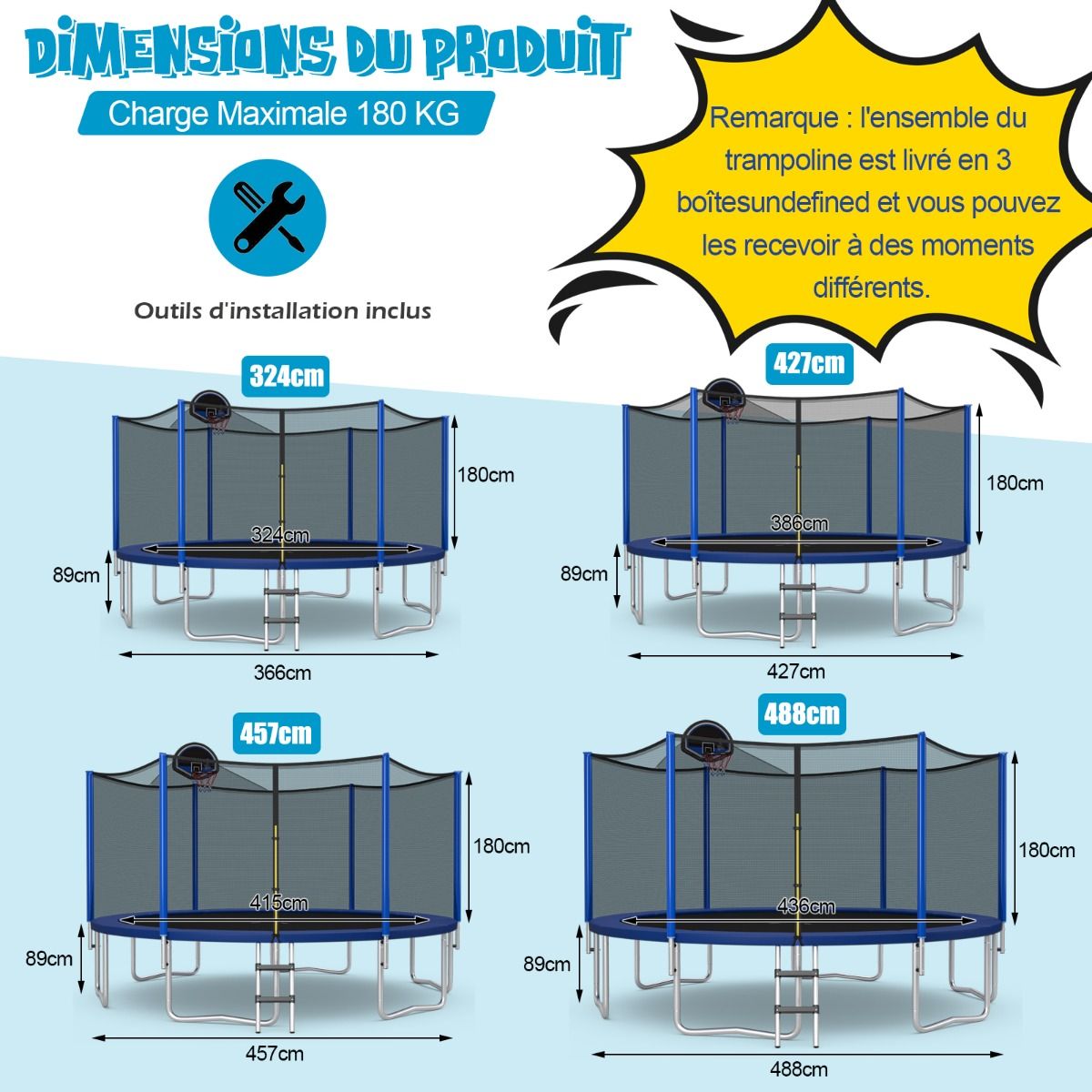 Outdoor Trampoline Ø366 cm Trampoline with Basketball Hoop Protective Net Trampoline for Children and Adults -