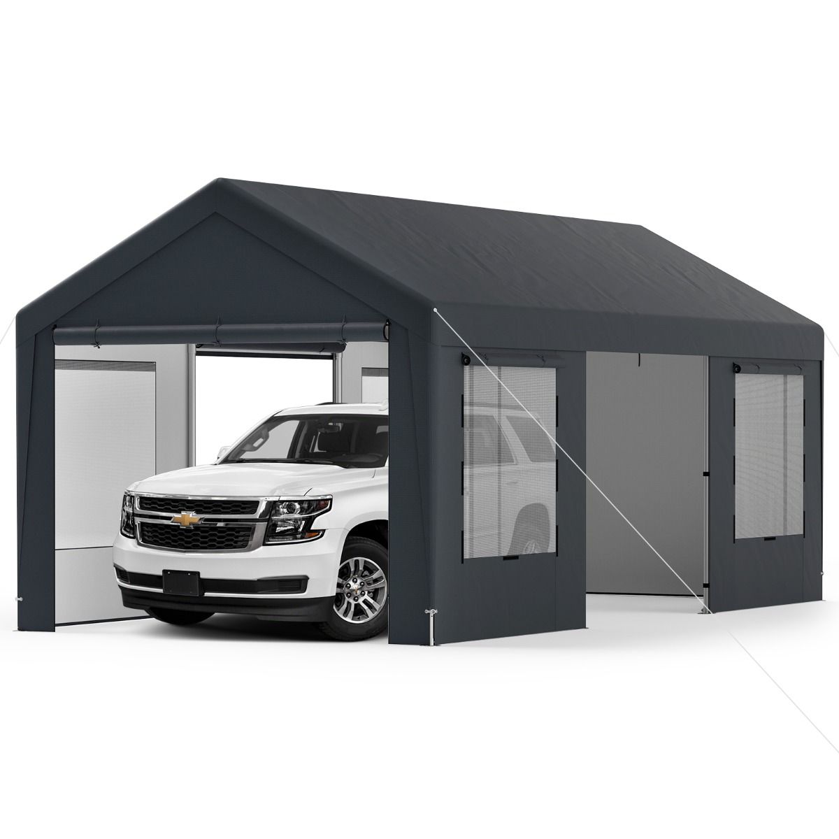 Carport 595 x 300 cm Outdoor Garage Tent with 8 Removable Side Walls Roll Up Doors Ventilated Windows Gray -