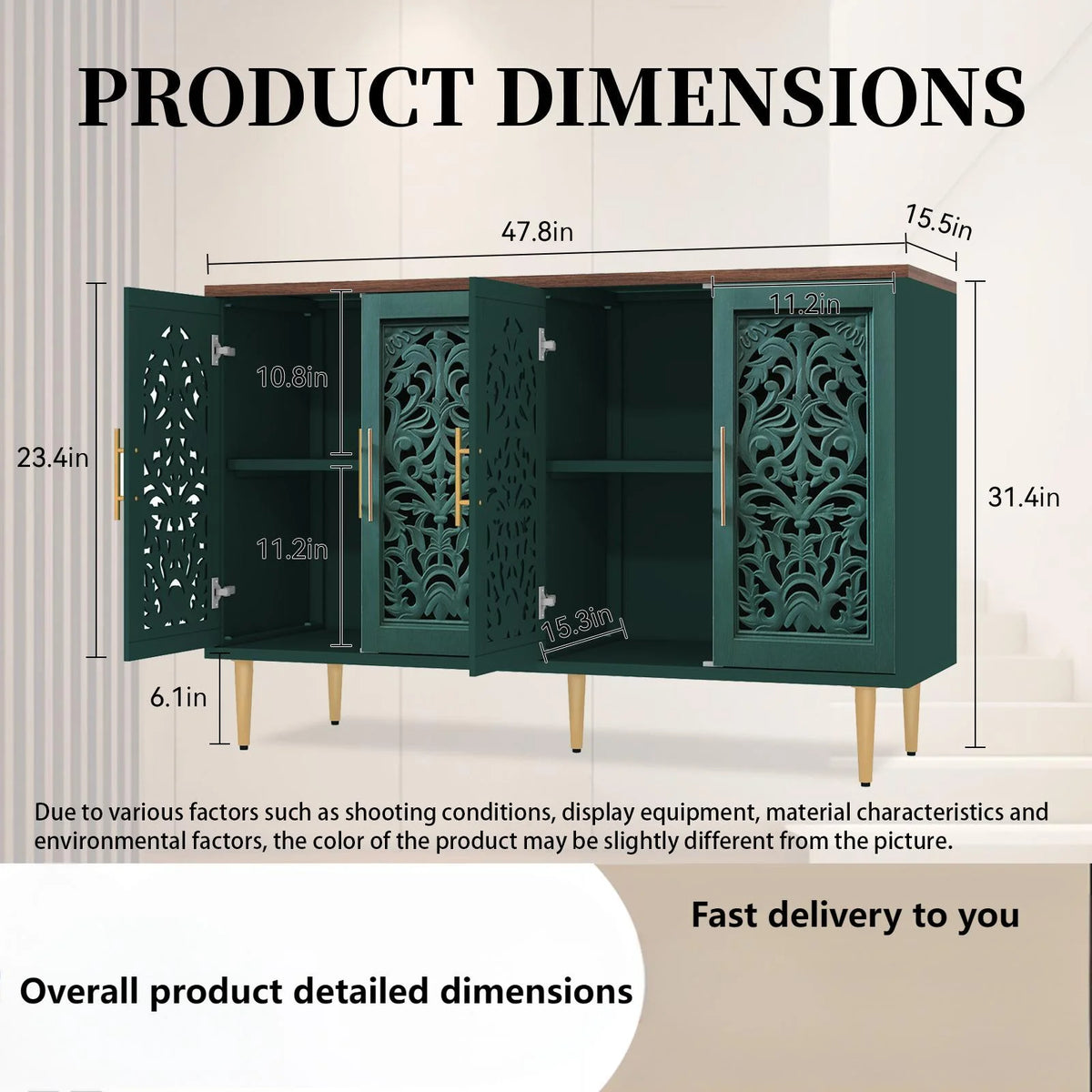 HLR 48" Accent Cabinet with 4 Doors, Vintage Hollow Carving Storage Credenza - Product image 56