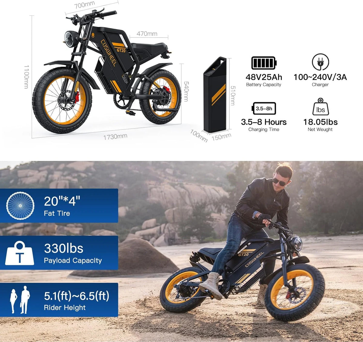 COSWHE GT20 Electric Bike for Adults, Electric Dirt Bike with 1500W Motor 48V/25ah Removable Battery - Product image 5