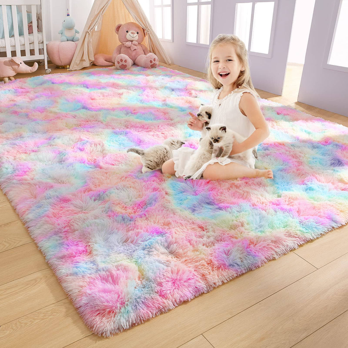 AROGAN Soft Rainbow Area Rugs for Girls Room 5x8 Feet, Fluffy Girls Bedroom Rugs, Princess Rug - Product image 1