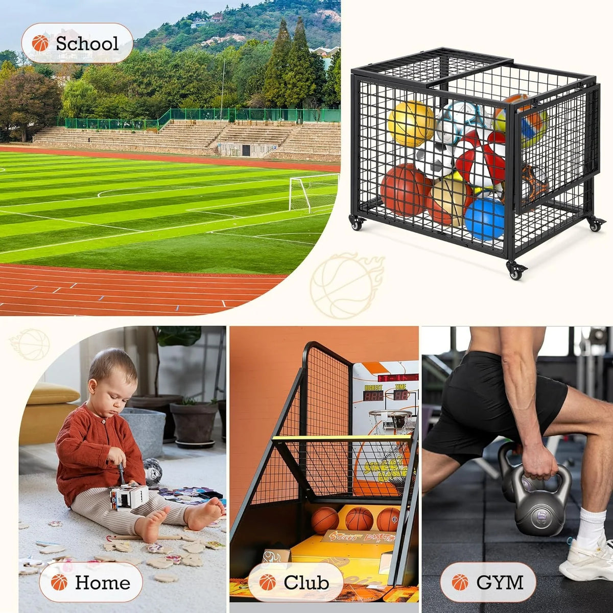 AECOJOY Ball Cart Storage, Rolling Basketball Bin with Wheels for Garage, School, Gym - Product image 7