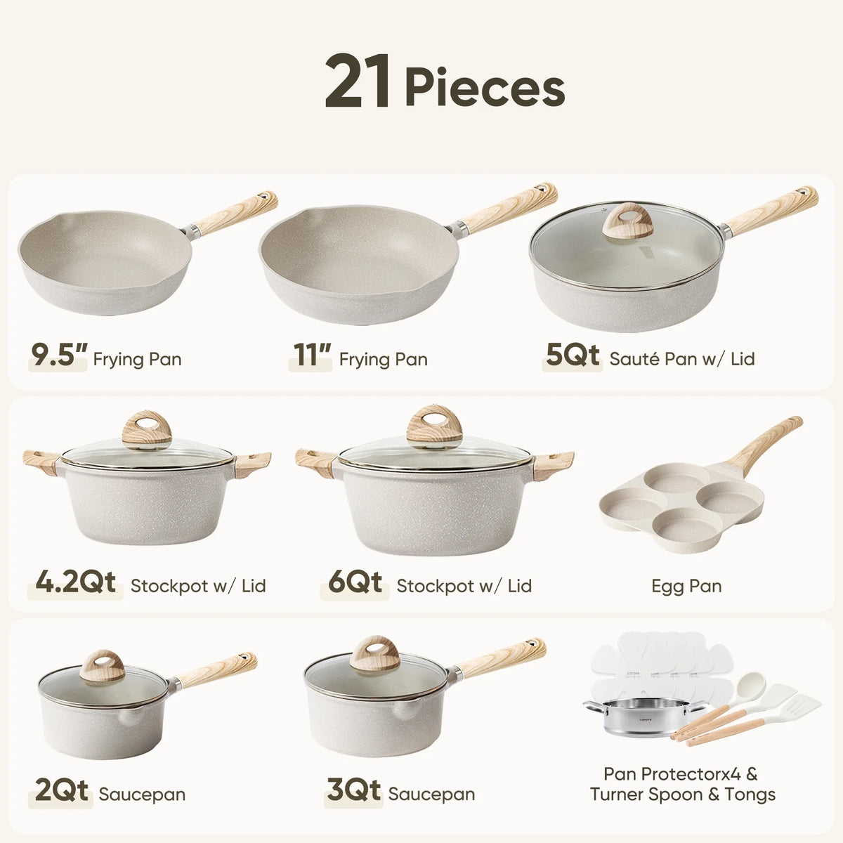 Carote Nonstick Cookware Set 21 - Piece, Kitchen Pots and Pans Set, Stay - Cool Handles, Induction Compatible, Cookware Set for RV and Camping, Beige