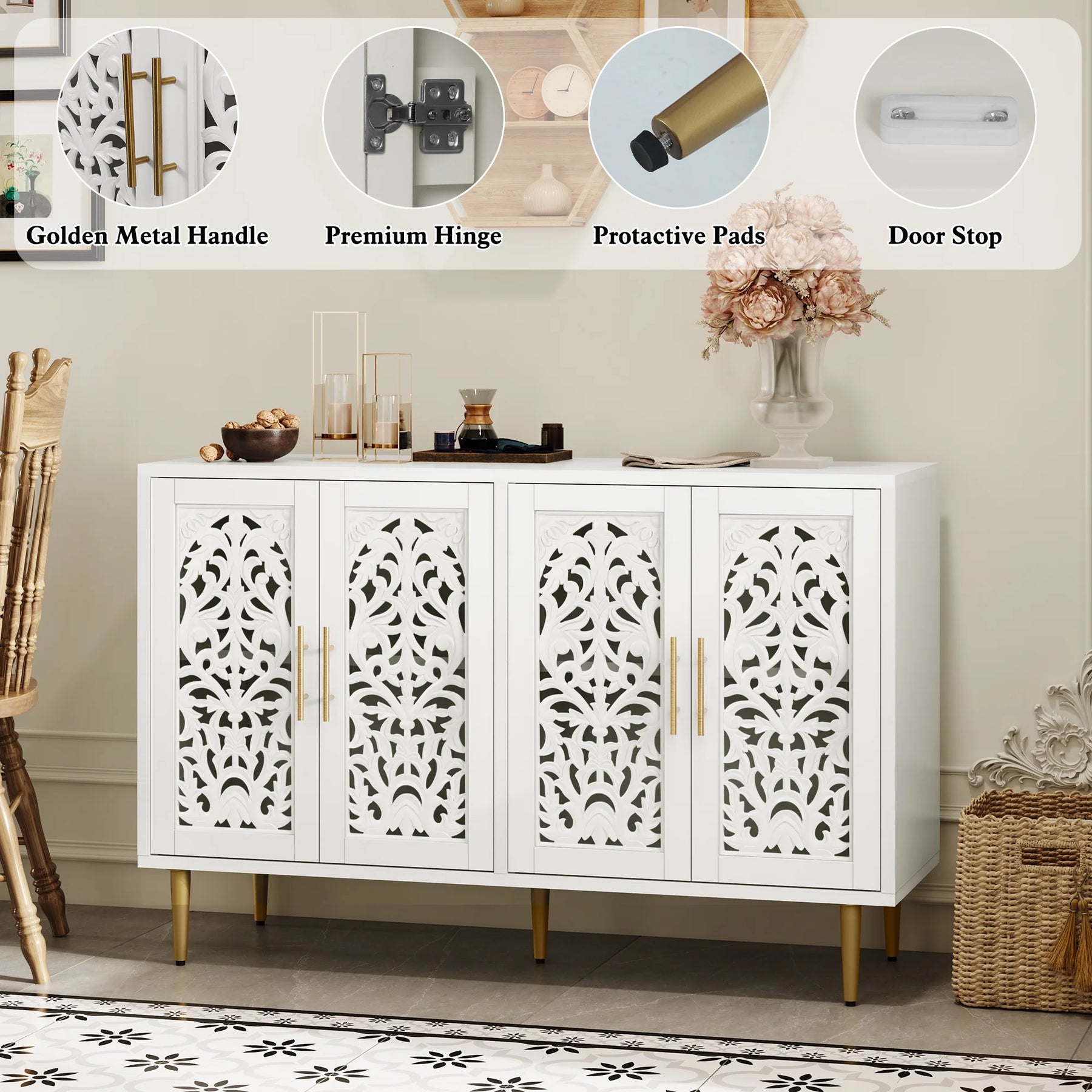 HLR 48" Accent Cabinet with 4 Doors, Vintage Hollow Carving Storage Credenza - Product image 4