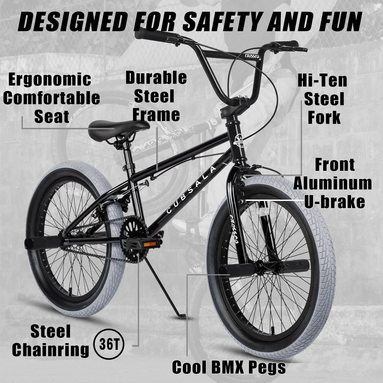 Cubsala 20 in Kids BMX Bike Freestylefor Age 6 - 14 Years Old Boys Girls with 4 Pegs, Black with Red Tires - Product image 32