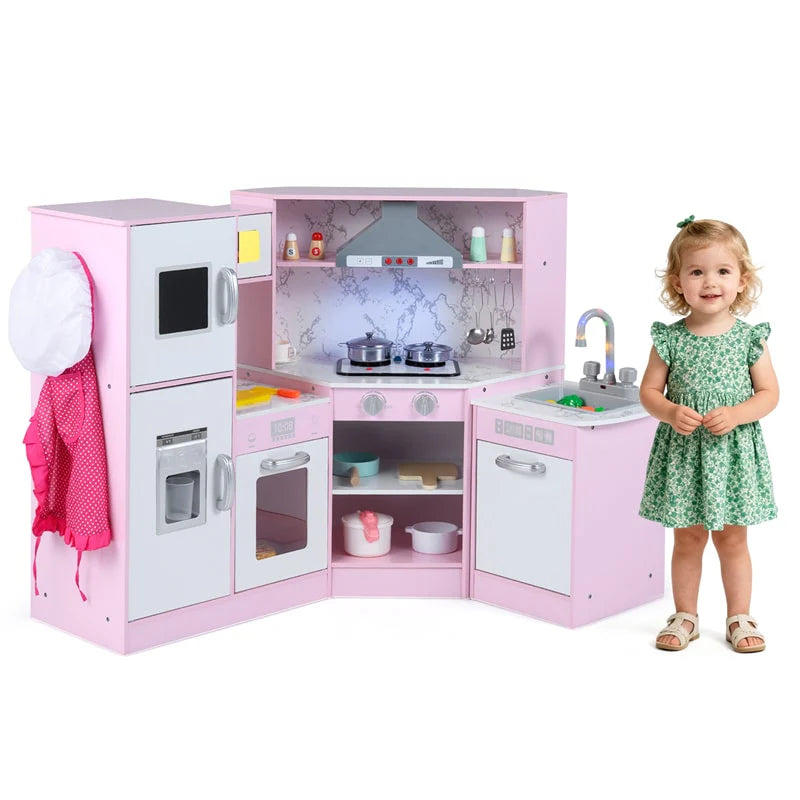 Corner Wooden Kids Kitchen Playset, Little Chef Pretend Toy Kitchen Set w/ Microwave, Range Hood - Product image 20