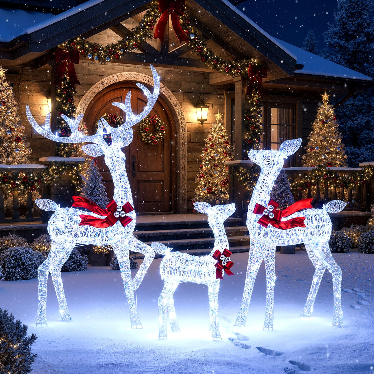 Tangkula 3-Piece Christmas Lighted Iridescent Reindeer Family Set with 215 Cold White LED Lights and Ground - Product image 1