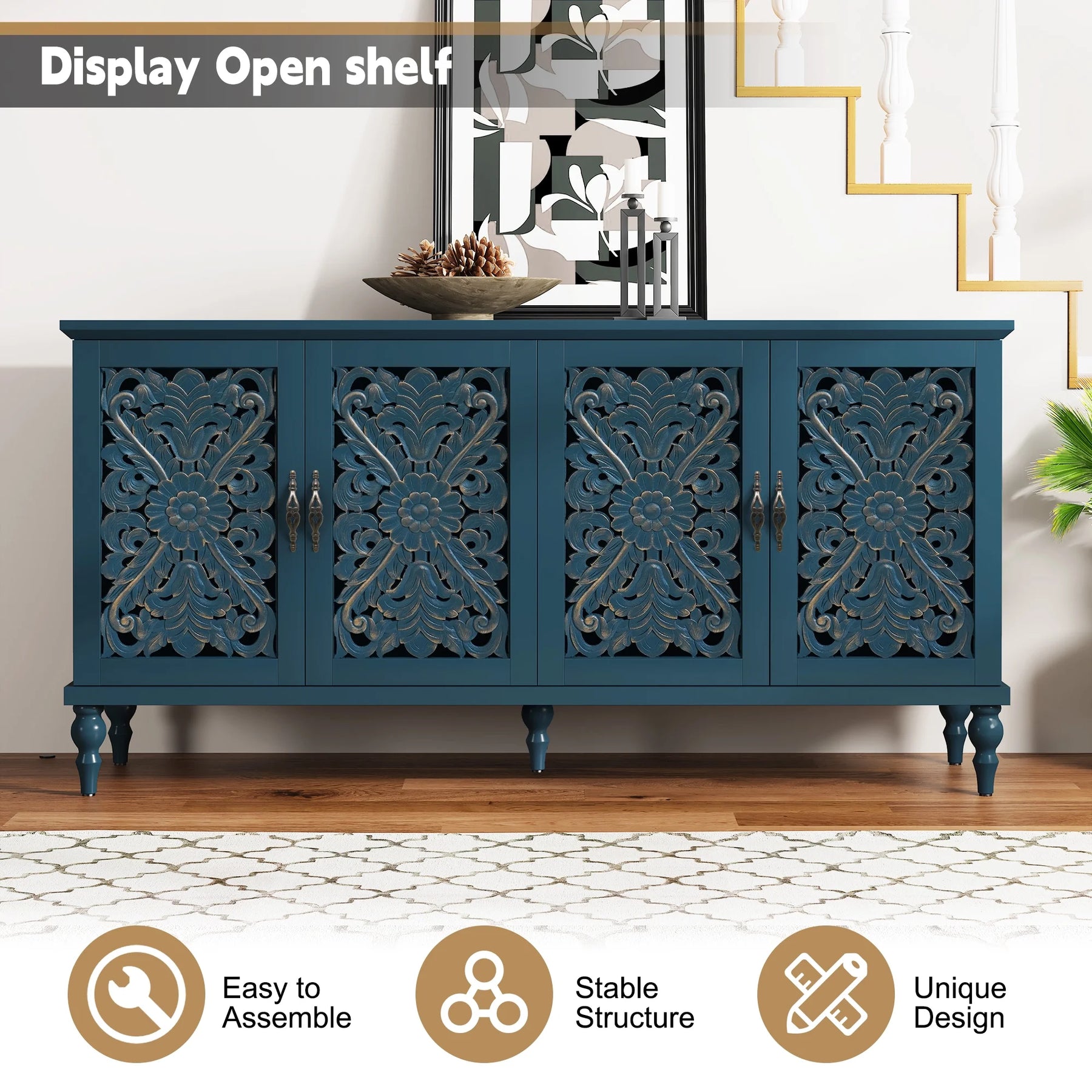 HLR 48" Accent Cabinet with 4 Doors, Vintage Hollow Carving Storage Credenza - Product image 94
