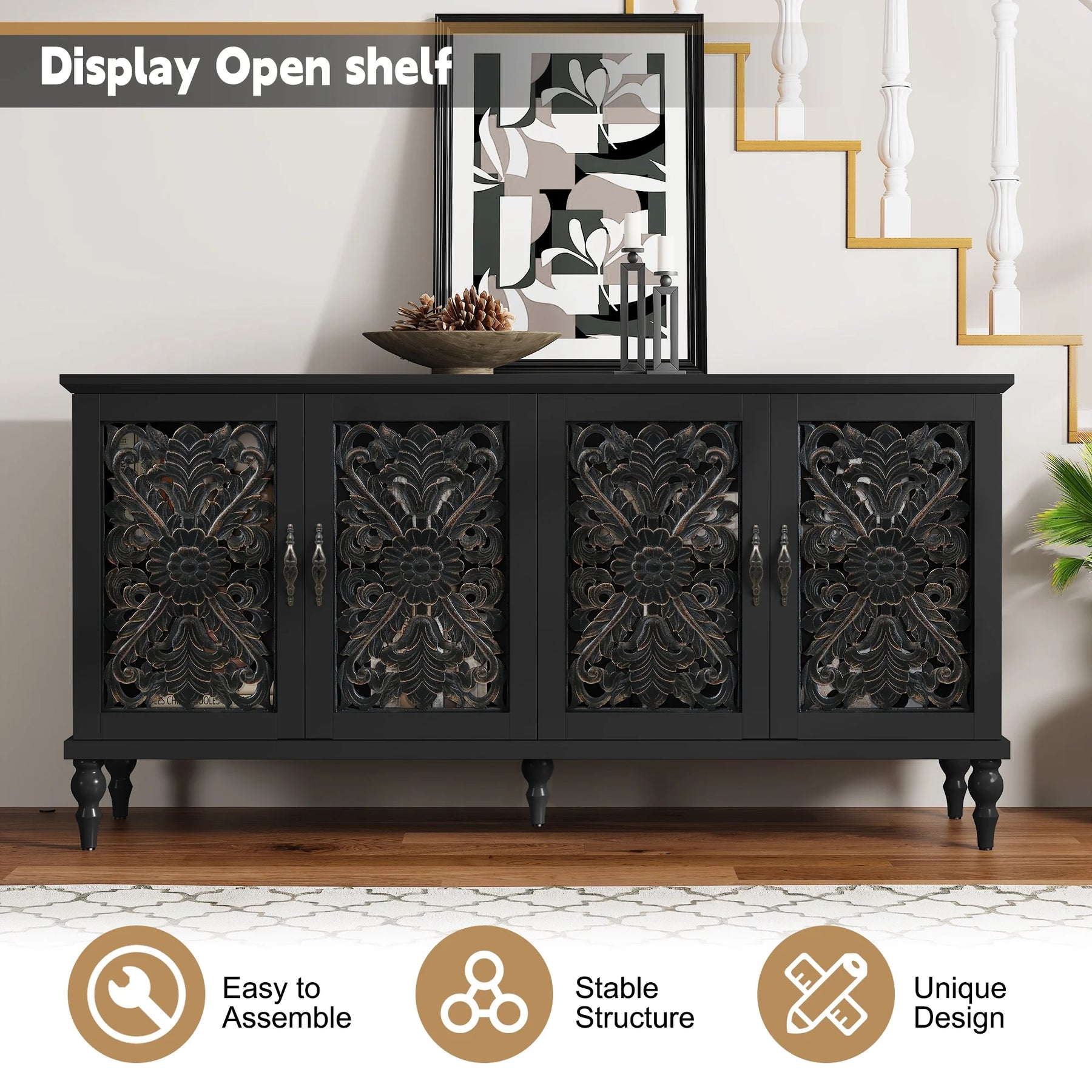 HLR 48" Accent Cabinet with 4 Doors, Vintage Hollow Carving Storage Credenza - Product image 51