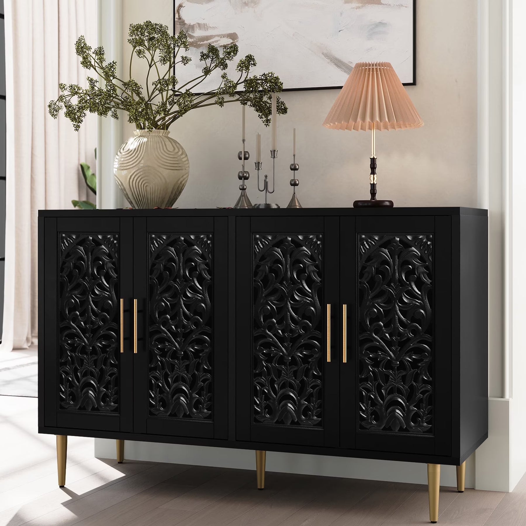 HLR 48" Accent Cabinet with 4 Doors, Vintage Hollow Carving Storage Credenza - Product image 13