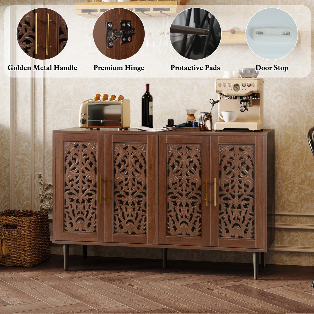 HLR 48" Accent Cabinet with 4 Doors, Vintage Hollow Carving Storage Credenza - Product image 113