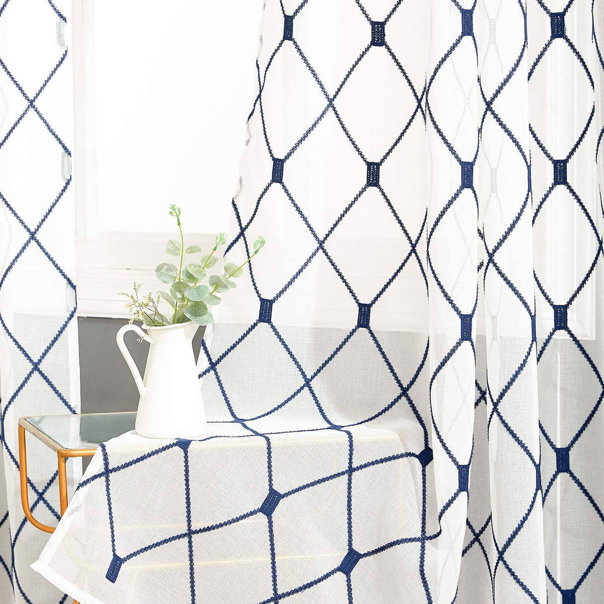 Top Finel White Sheer Curtains 63 inch Length Navy Blue Embroidered Diamond Grommet Window Curtains for Living Room Bedroom, 2 P