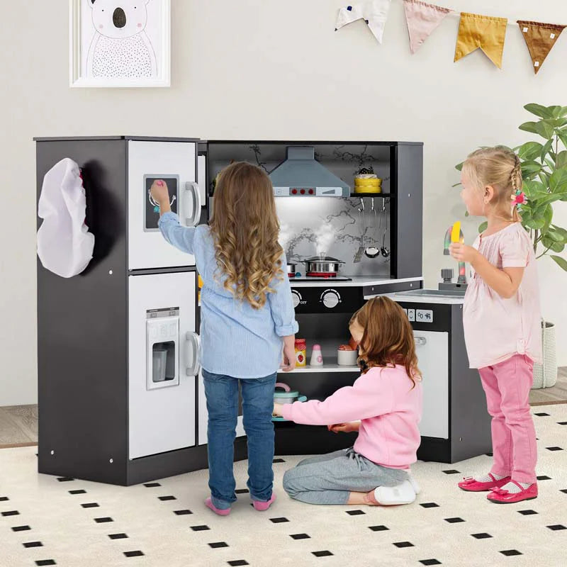 Corner Wooden Kids Kitchen Playset, Little Chef Pretend Toy Kitchen Set w/ Microwave, Range Hood - Product image 2