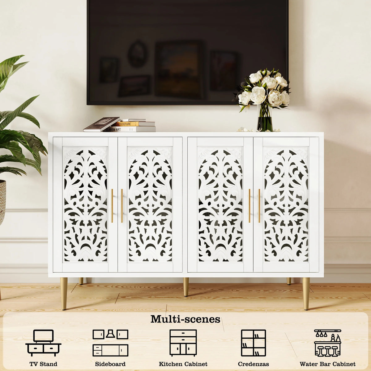 HLR 48" Accent Cabinet with 4 Doors, Vintage Hollow Carving Storage Credenza - Product image 6