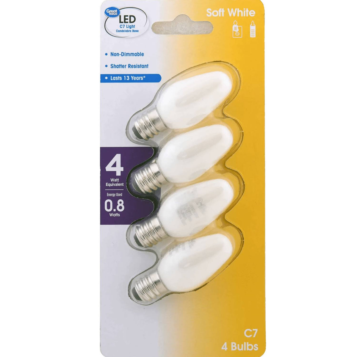 Great Value LED 0.75 Watts Soft White C7 Candelabra Base Bulbs, 4 Count, Size: 4 Bulbs - Product image 1