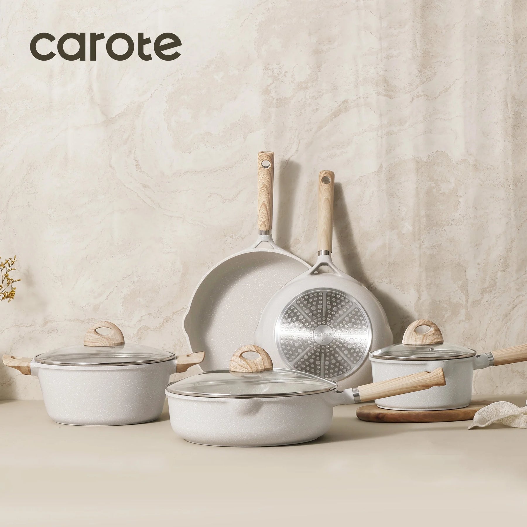 Carote Nonstick Cookware Set 21 - Piece, Kitchen Pots and Pans Set, Stay - Cool Handles, Induction Compatible, Cookware Set for RV and Camping, Beige