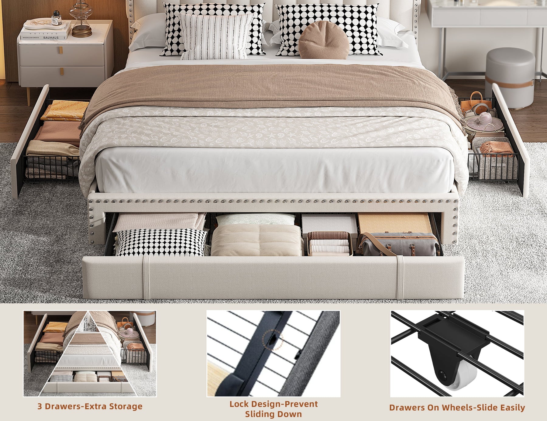Enhomee Queen Bed Frame with 3 Storage Drawers Upholstered Queen Size Bed Frame with Headboard Noise Free - Product image 6