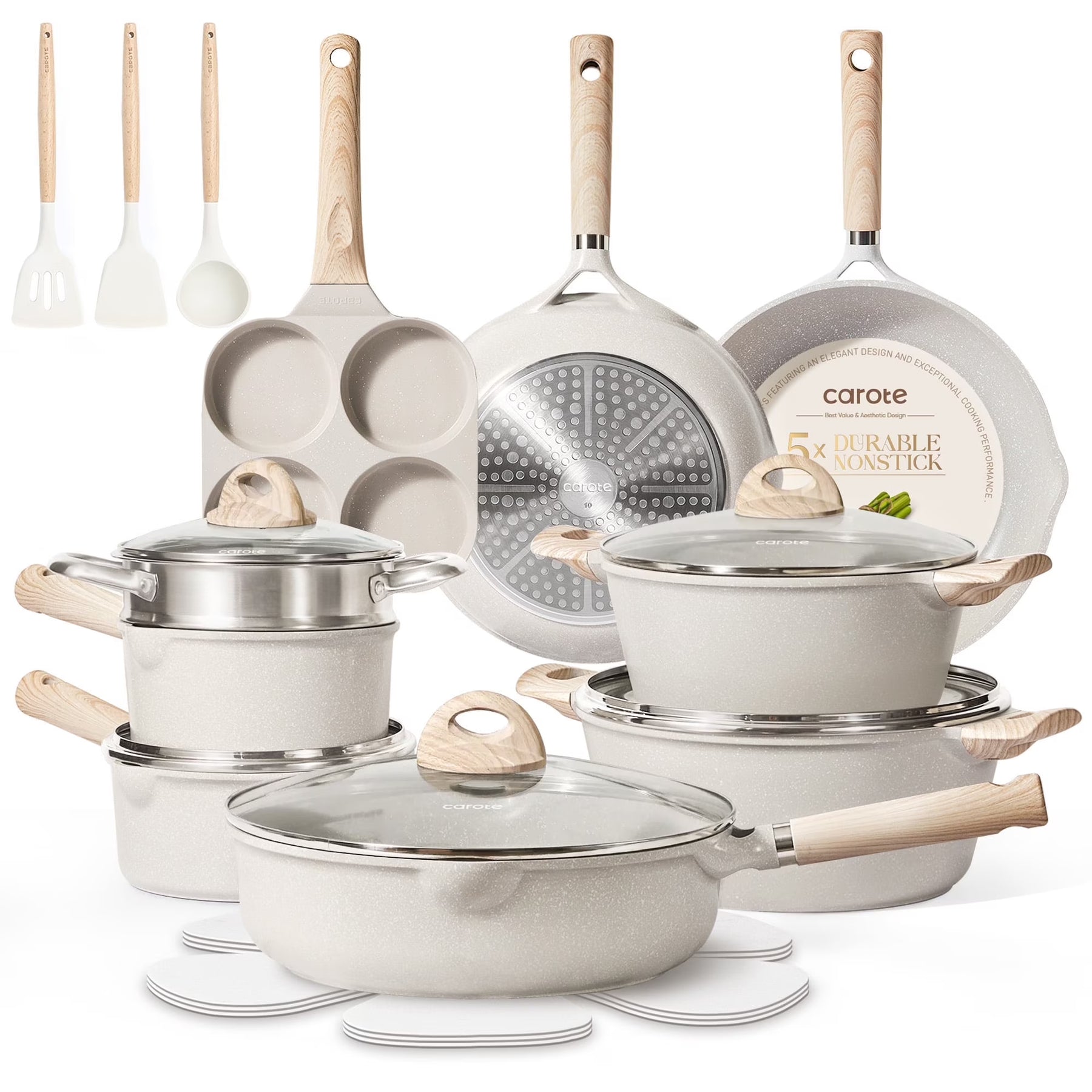Carote Nonstick Cookware Set 21 - Piece, Kitchen Pots and Pans Set, Stay - Cool Handles, Induction Compatible, Cookware Set for RV and Camping, Beige