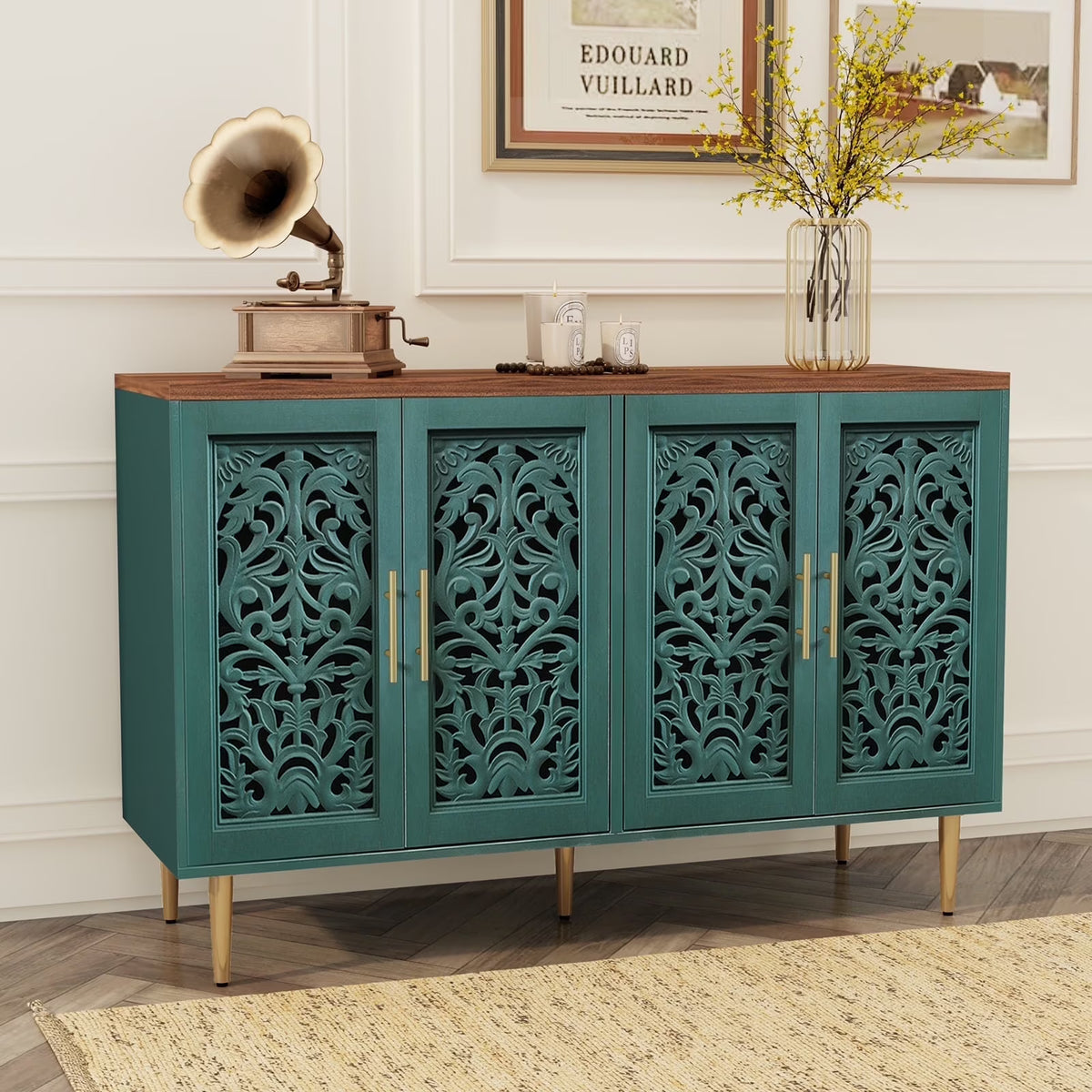HLR 48" Accent Cabinet with 4 Doors, Vintage Hollow Carving Storage Credenza - Product image 9