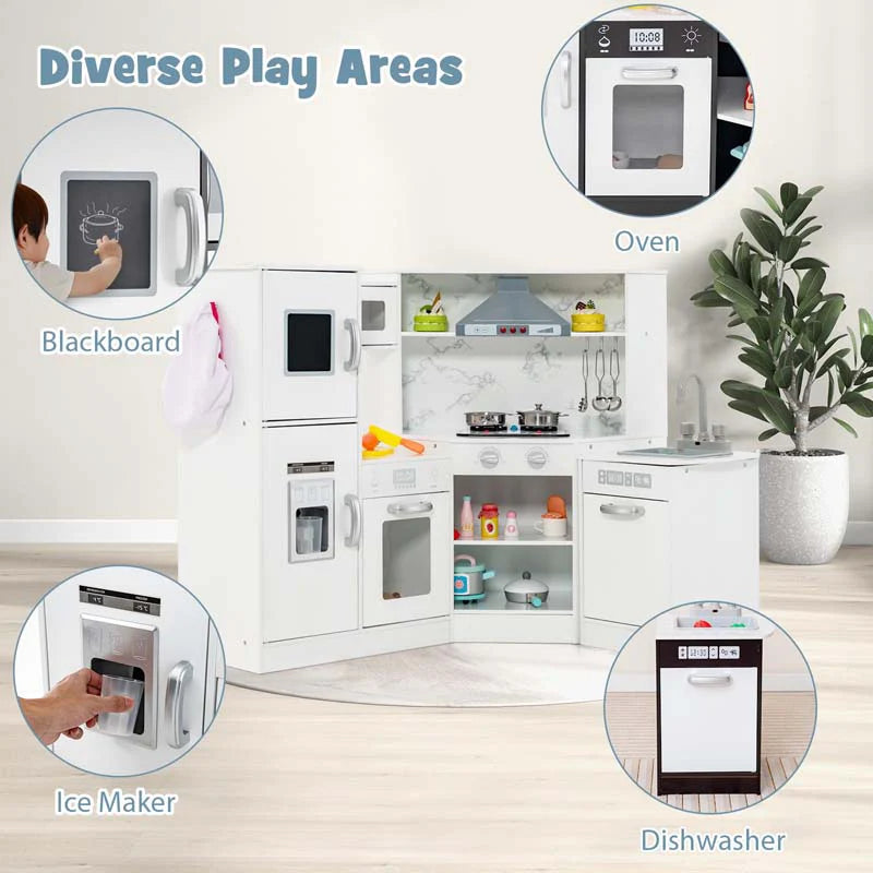 Corner Wooden Kids Kitchen Playset, Little Chef Pretend Toy Kitchen Set w/ Microwave, Range Hood - Product image 14