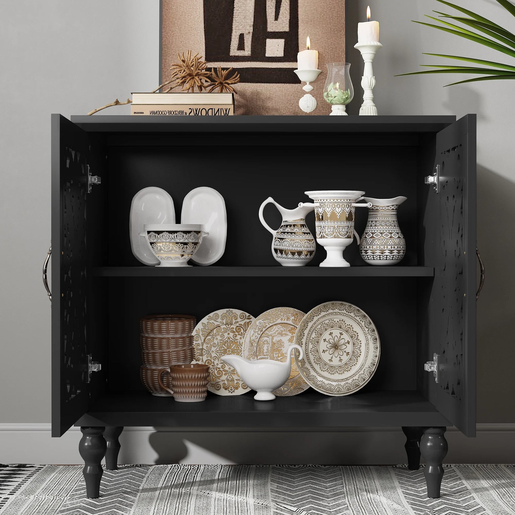 HLR 48" Accent Cabinet with 4 Doors, Vintage Hollow Carving Storage Credenza - Product image 61