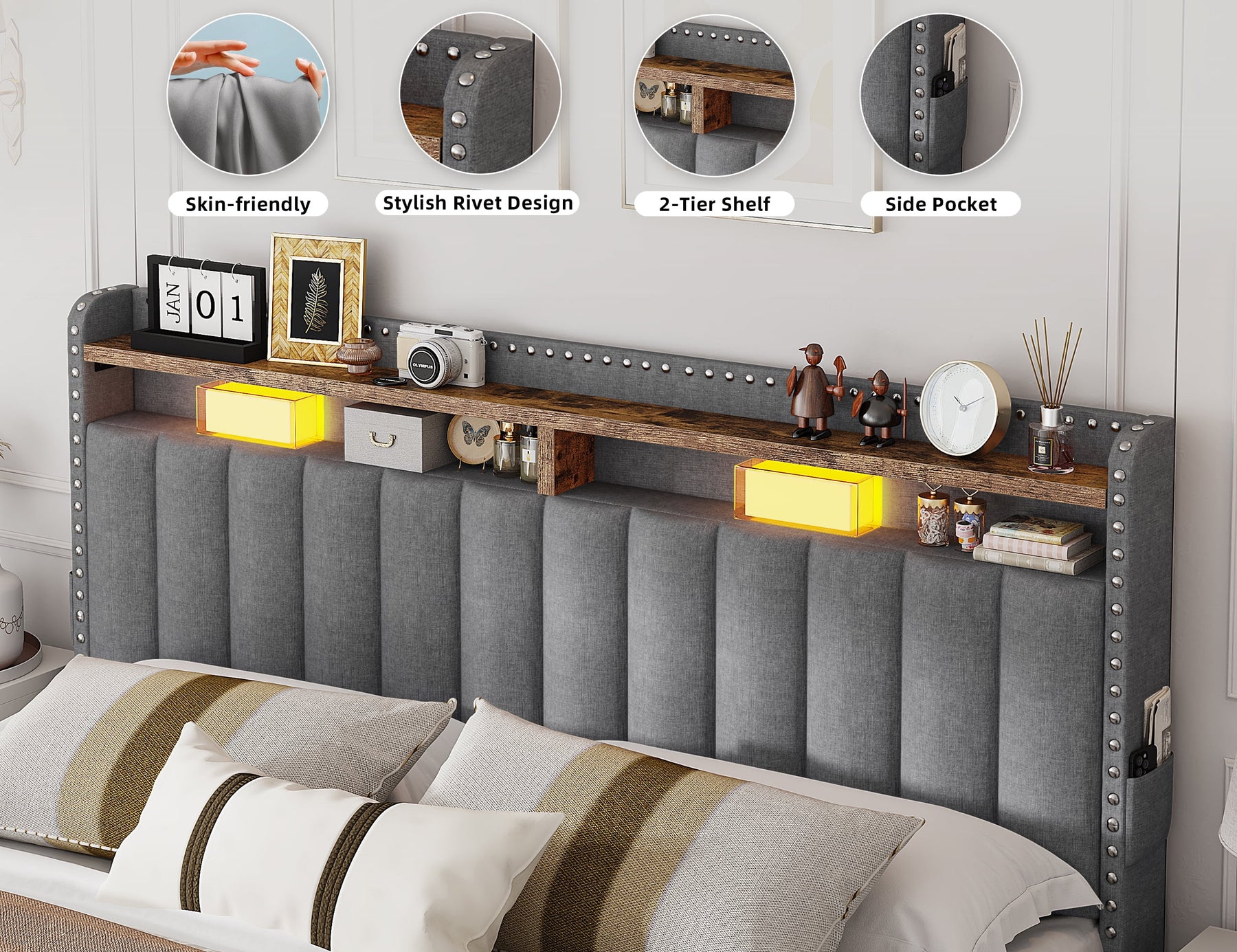 Enhomee Queen Bed Frame with 3 Storage Drawers Upholstered Queen Size Bed Frame with Headboard Noise Free - Product image 12