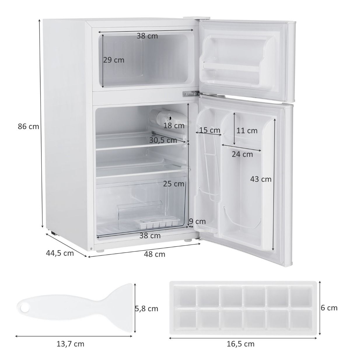 Compact Fridge Mini Fridge 90 L Separate Freezer with 2 Door Design Wide Angle LED Light White -