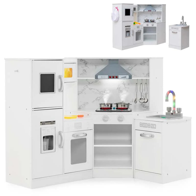 Corner Wooden Kids Kitchen Playset, Little Chef Pretend Toy Kitchen Set w/ Microwave, Range Hood - Product image 10
