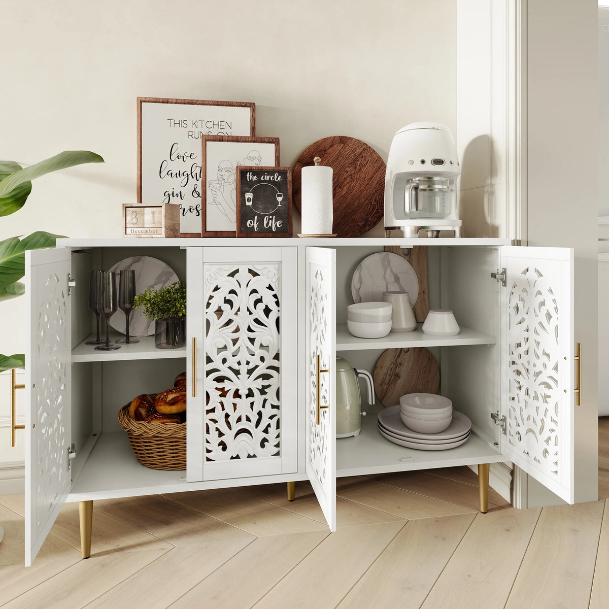 HLR 48" Accent Cabinet with 4 Doors, Vintage Hollow Carving Storage Credenza - Product image 2