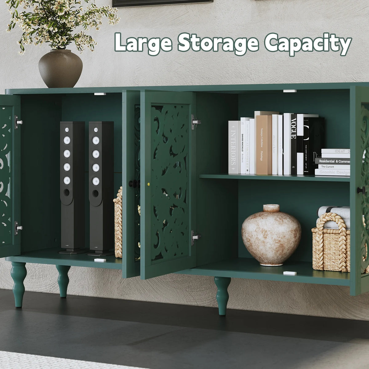 HLR 48" Accent Cabinet with 4 Doors, Vintage Hollow Carving Storage Credenza - Product image 85