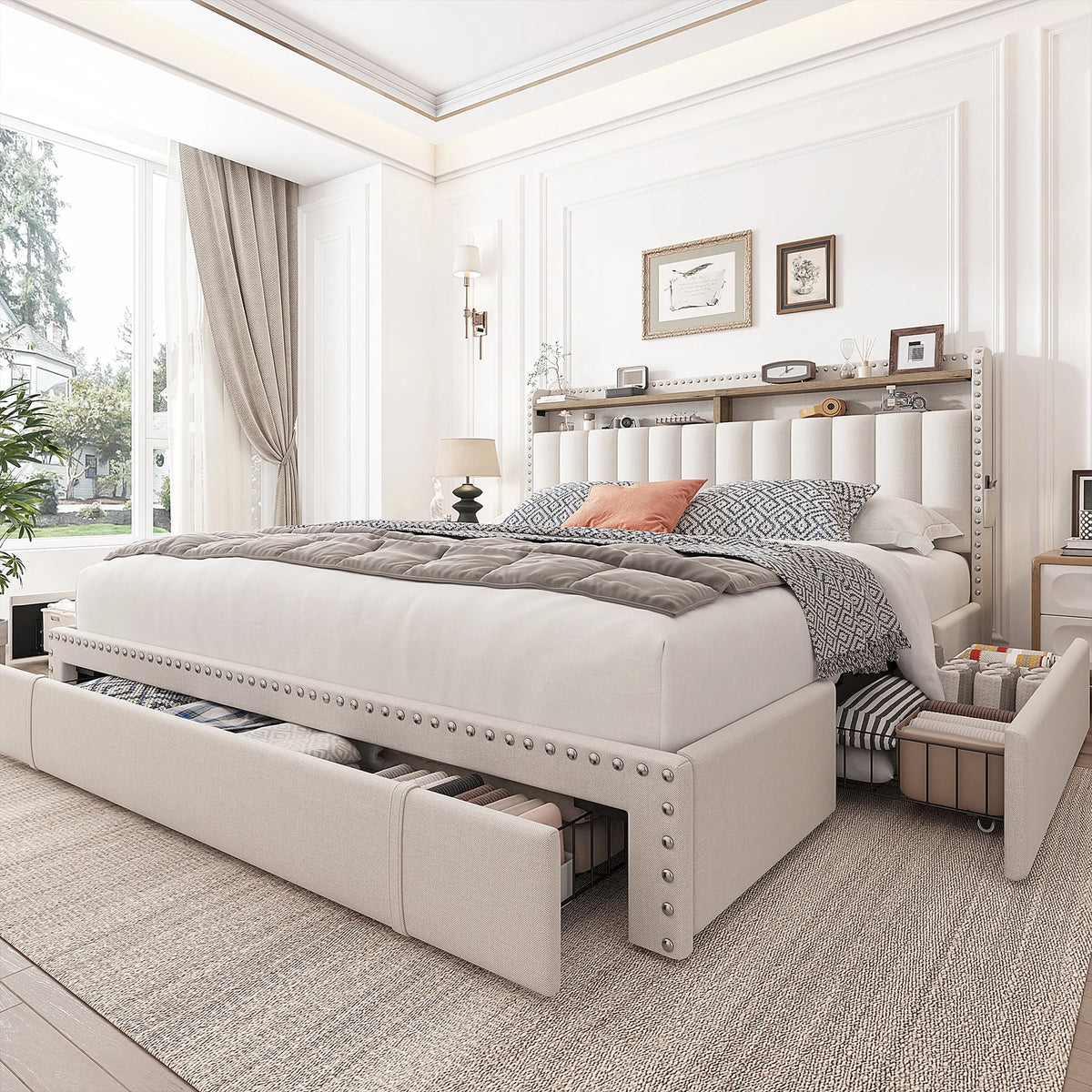 Enhomee Queen Bed Frame with 3 Storage Drawers Upholstered Queen Size Bed Frame with Headboard Noise Free - Product image 7