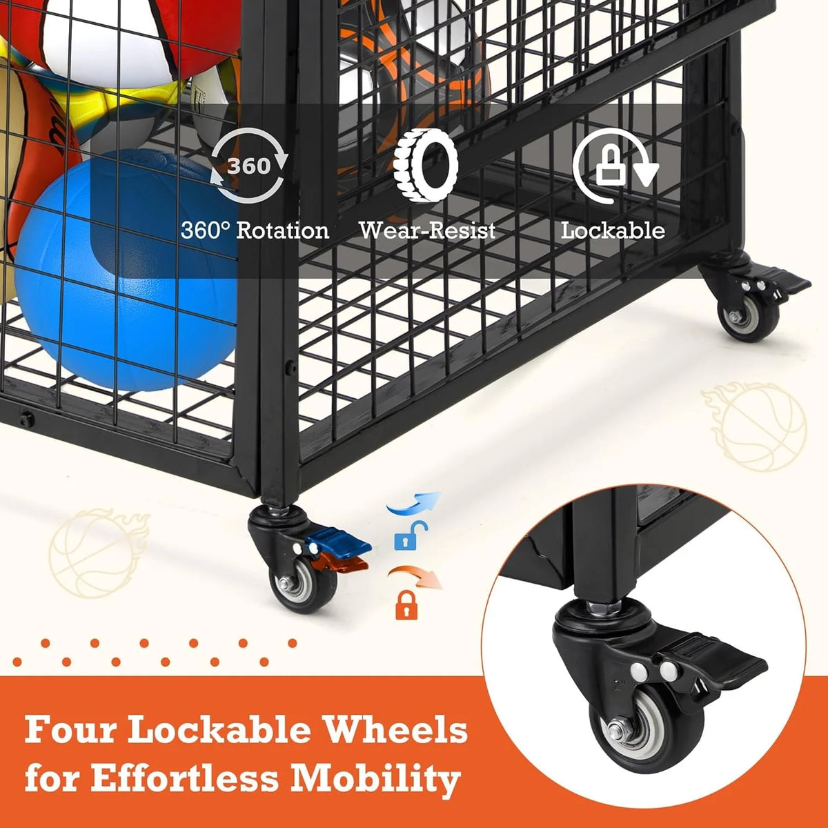 AECOJOY Ball Cart Storage, Rolling Basketball Bin with Wheels for Garage, School, Gym - Product image 4