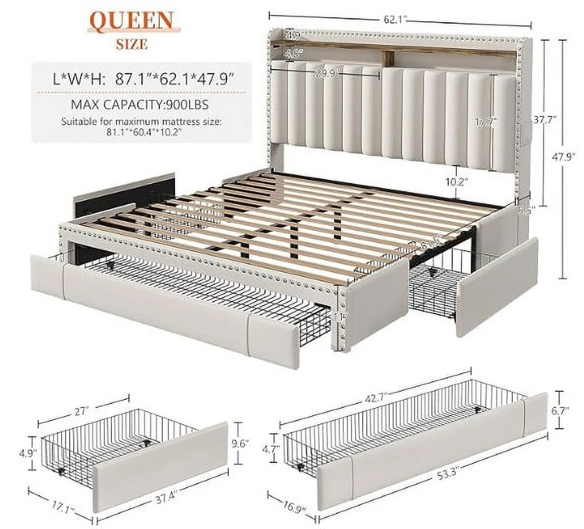 Enhomee Queen Bed Frame with 3 Storage Drawers Upholstered Queen Size Bed Frame with Headboard Noise Free - Product image 8