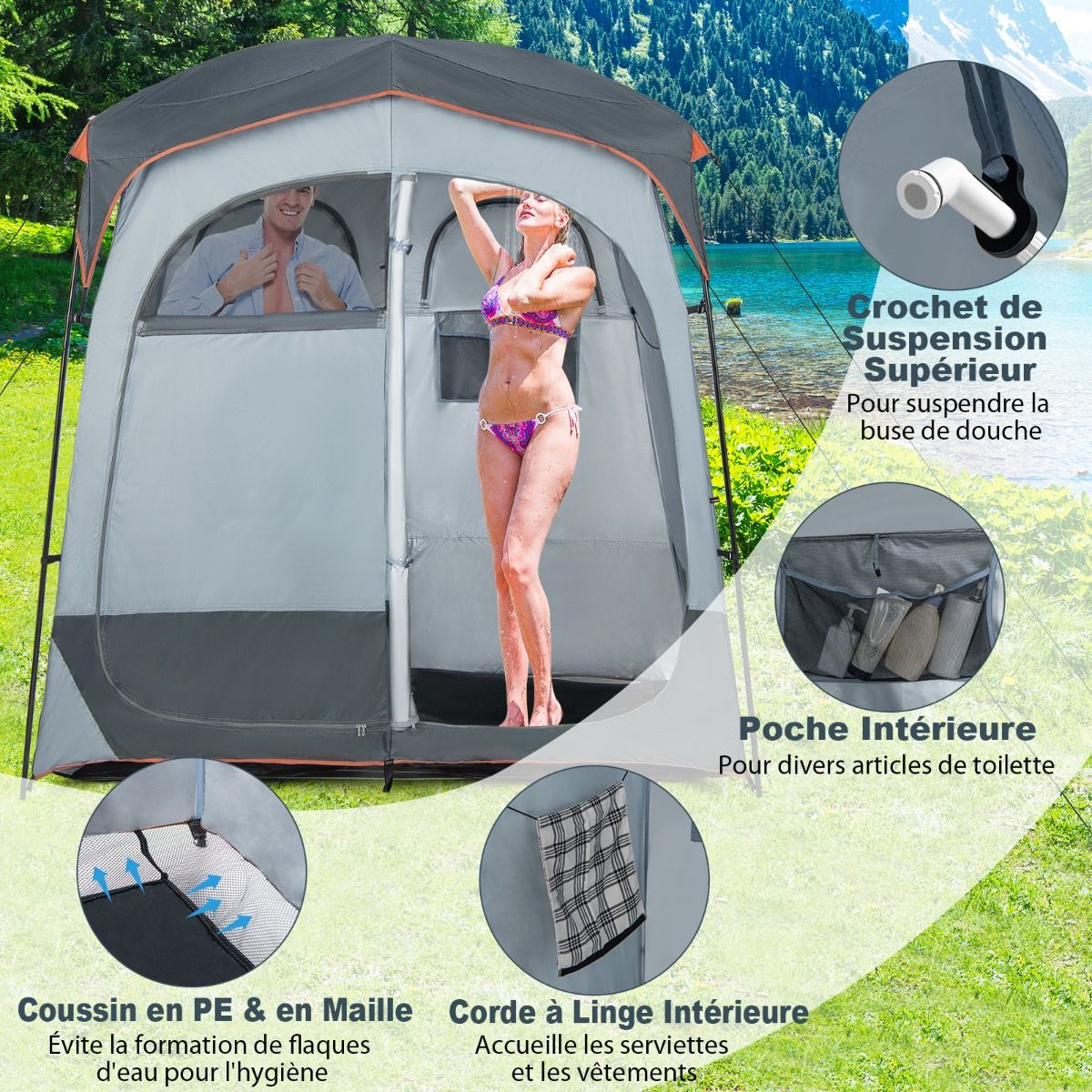 Portable 2-Person Shower Cabin Tent in 2 Parts with Removable Rain Tarpaulin Clothesline Hook 210x107x210 cm Gray -