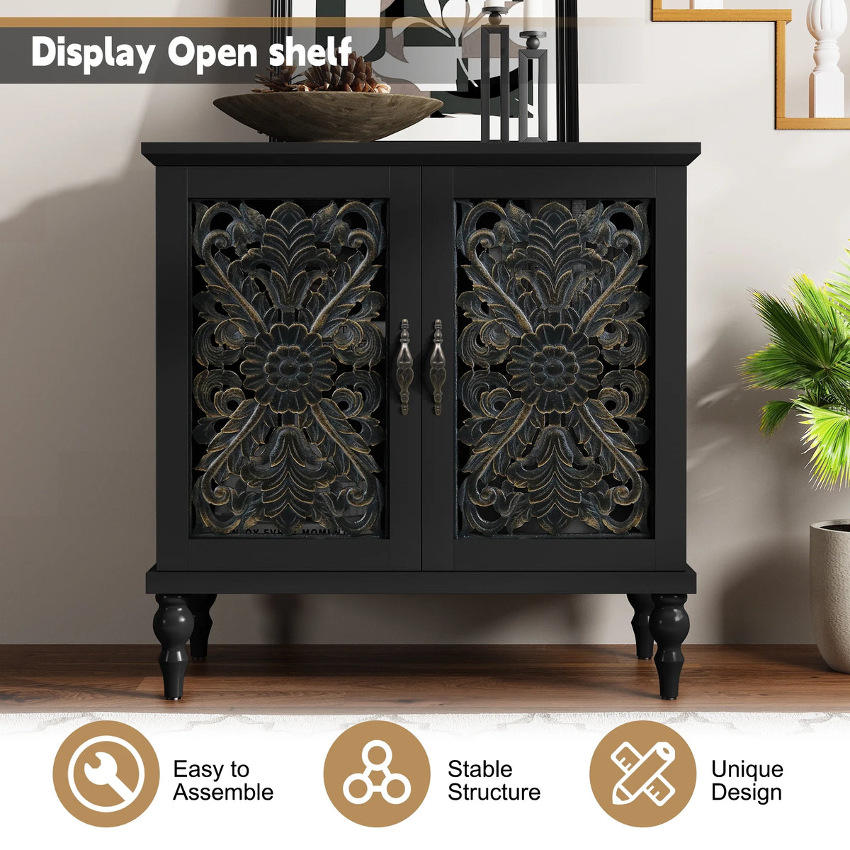 HLR 48" Accent Cabinet with 4 Doors, Vintage Hollow Carving Storage Credenza - Product image 68
