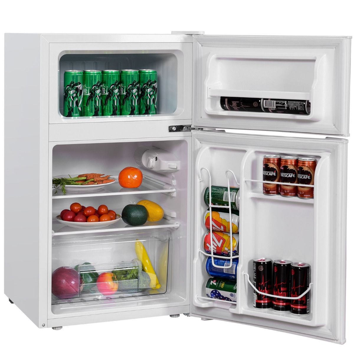 Compact Fridge Mini Fridge 90 L Separate Freezer with 2 Door Design Wide Angle LED Light White -