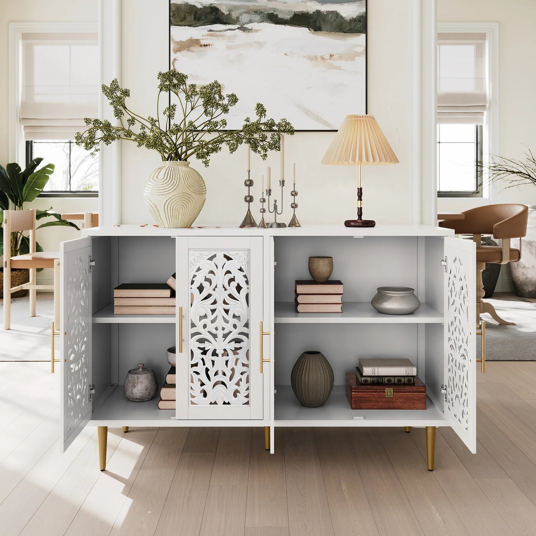 HLR 48" Accent Cabinet with 4 Doors, Vintage Hollow Carving Storage Credenza - Product image 12