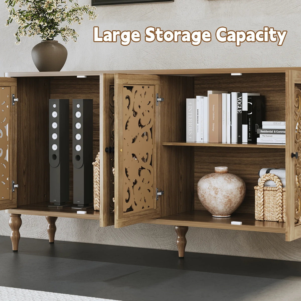 HLR 48" Accent Cabinet with 4 Doors, Vintage Hollow Carving Storage Credenza - Product image 108
