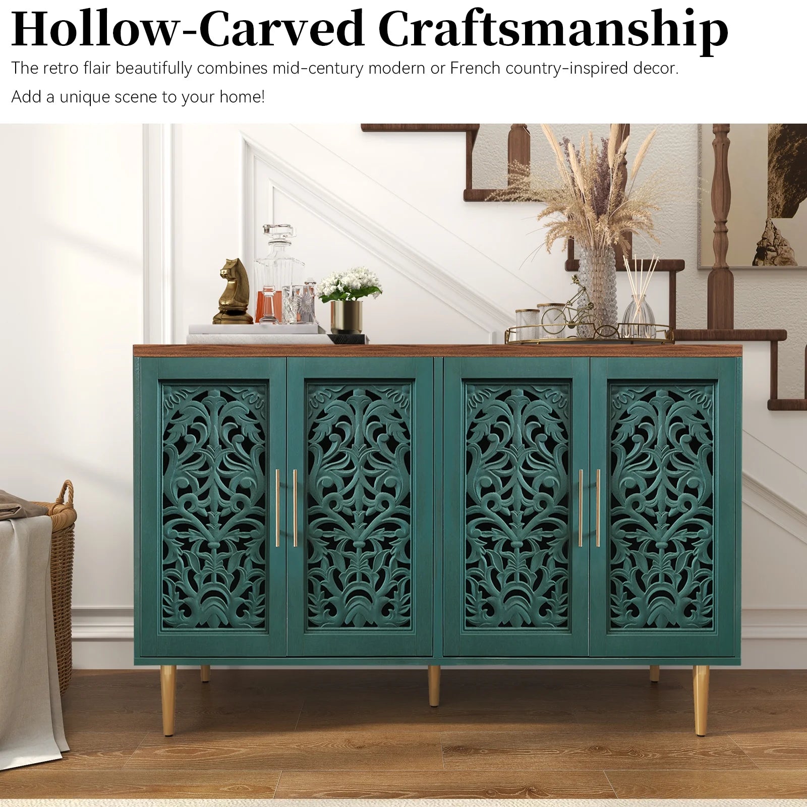 HLR 48" Accent Cabinet with 4 Doors, Vintage Hollow Carving Storage Credenza - Product image 58