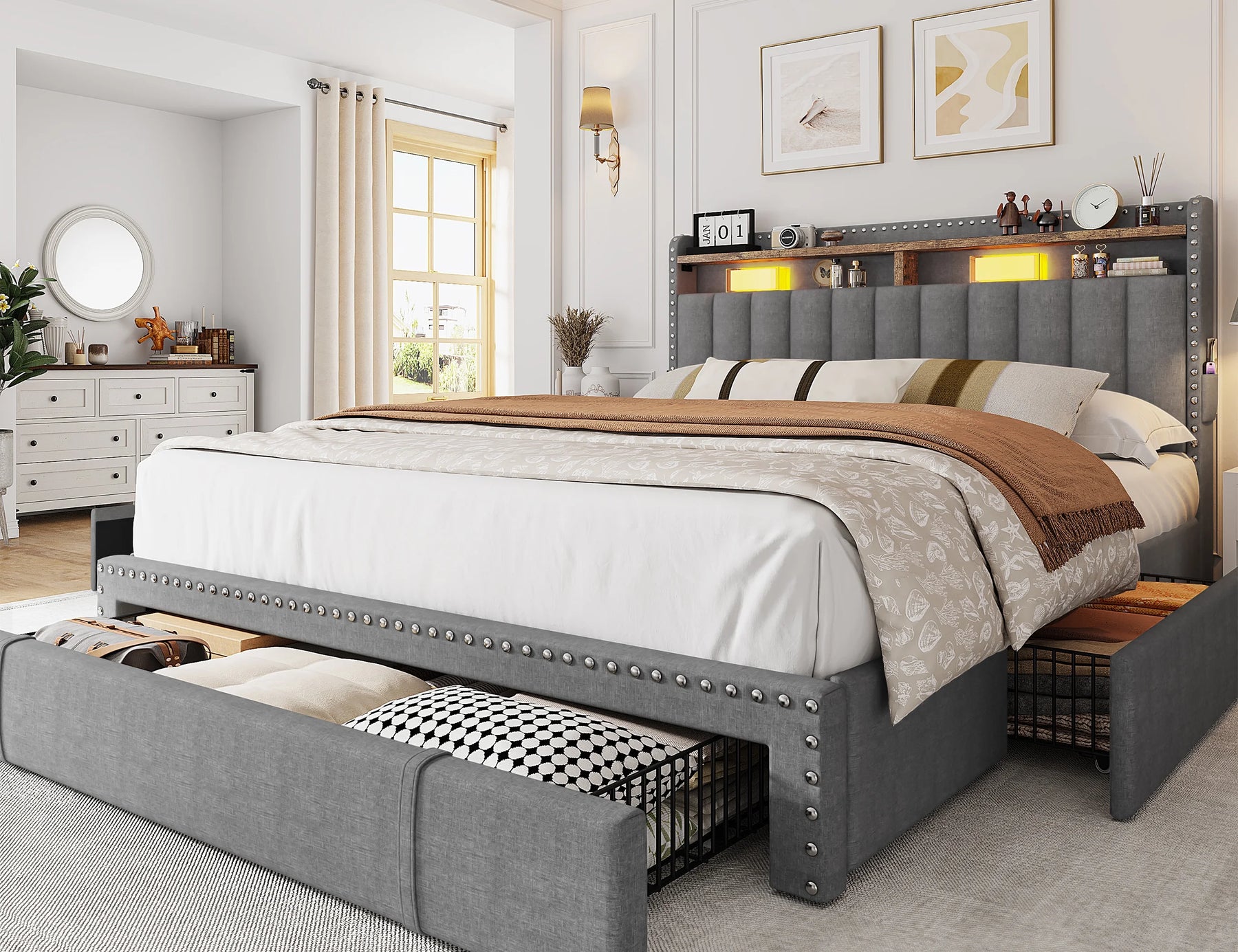 Enhomee Queen Bed Frame with 3 Storage Drawers Upholstered Queen Size Bed Frame with Headboard Noise Free - Product image 10