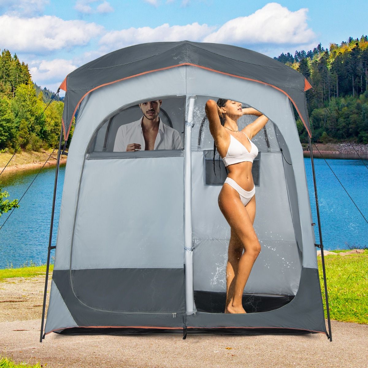Portable 2-Person Shower Cabin Tent in 2 Parts with Removable Rain Tarpaulin Clothesline Hook 210x107x210 cm Gray -