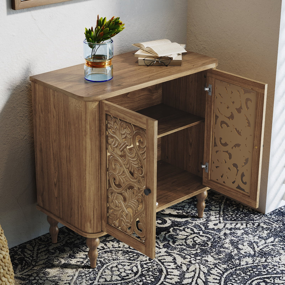 HLR 48" Accent Cabinet with 4 Doors, Vintage Hollow Carving Storage Credenza - Product image 27