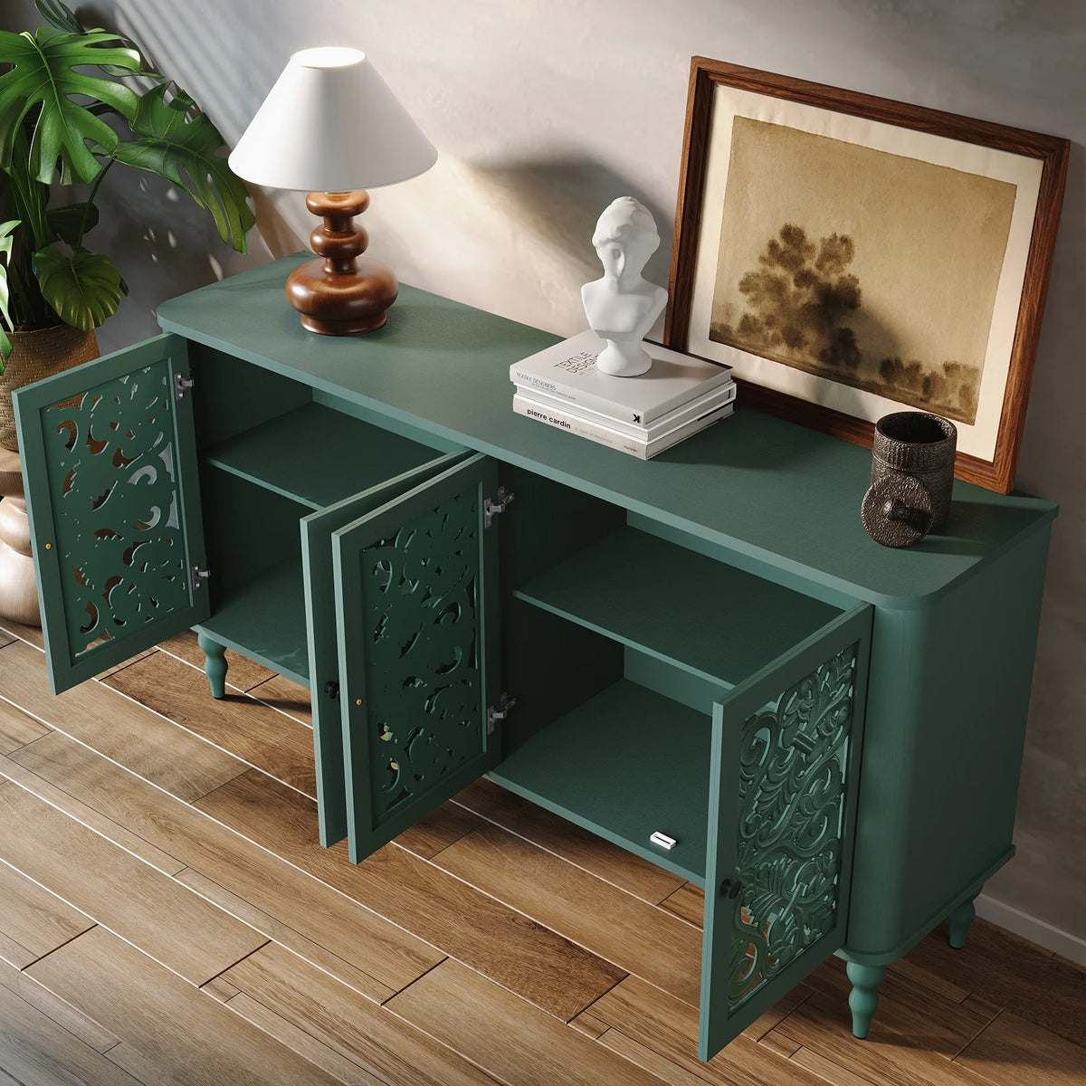 HLR 48" Accent Cabinet with 4 Doors, Vintage Hollow Carving Storage Credenza - Product image 87